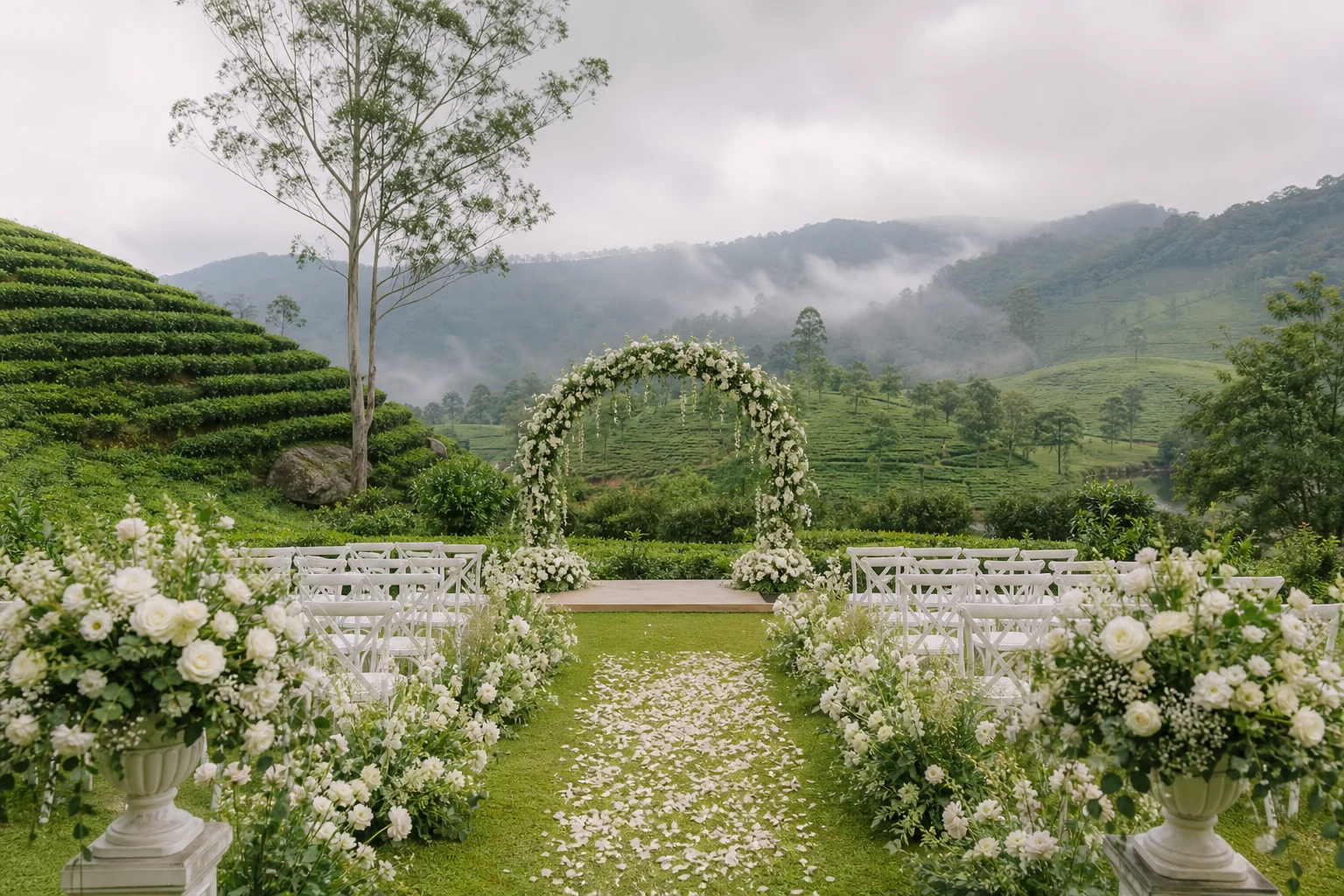 Hill-country wedding ceremony setting among Sri Lankan tea fields